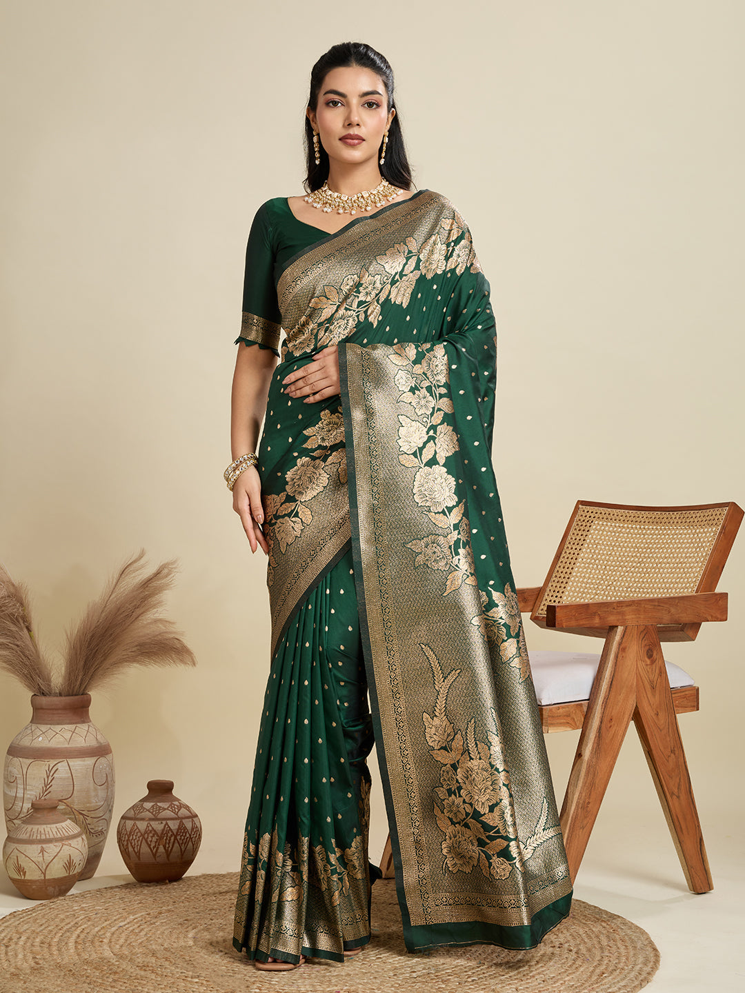 Jyoti Fashion Women's Bottle Green Soft Kanjivaram Silk Zari Woven Designer Saree with Blouse | Swadesiicart