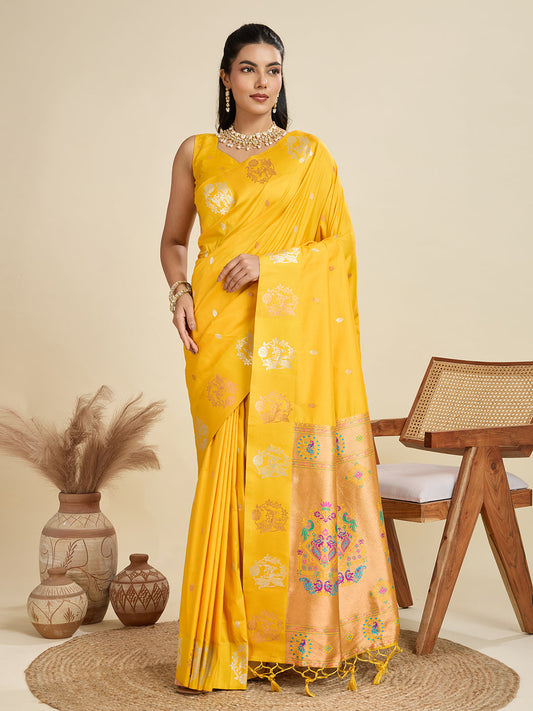 Jyoti Fashion Women's Yellow Soft Kanjivaram Paithani Silk Zari Woven Designer Saree with Blouse | Swadesiicart