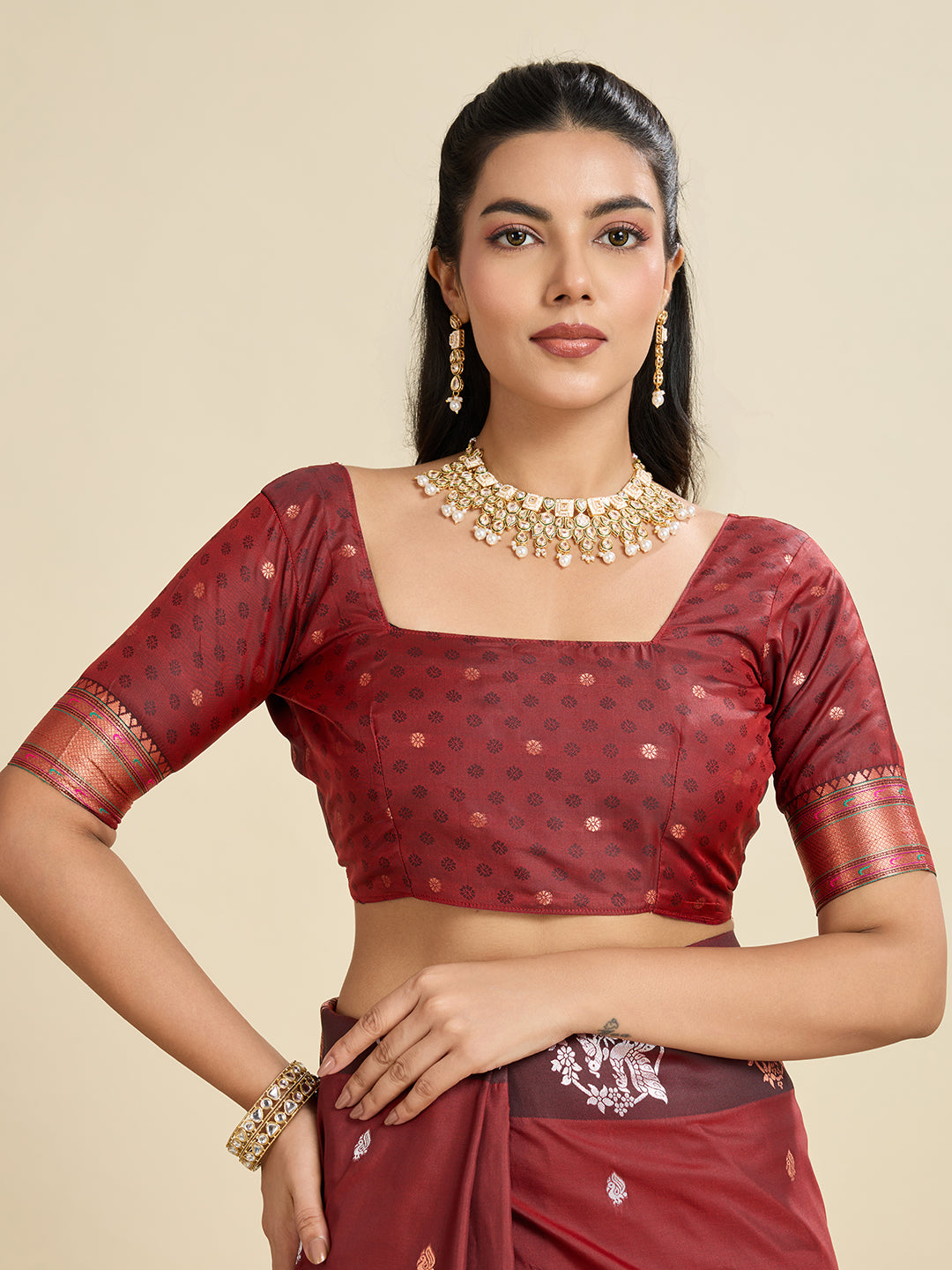 Jyoti Fashion Women's Maroon Soft Kanjivaram Paithani Silk Zari Woven Designer Saree with Blouse | Swadesiicart
