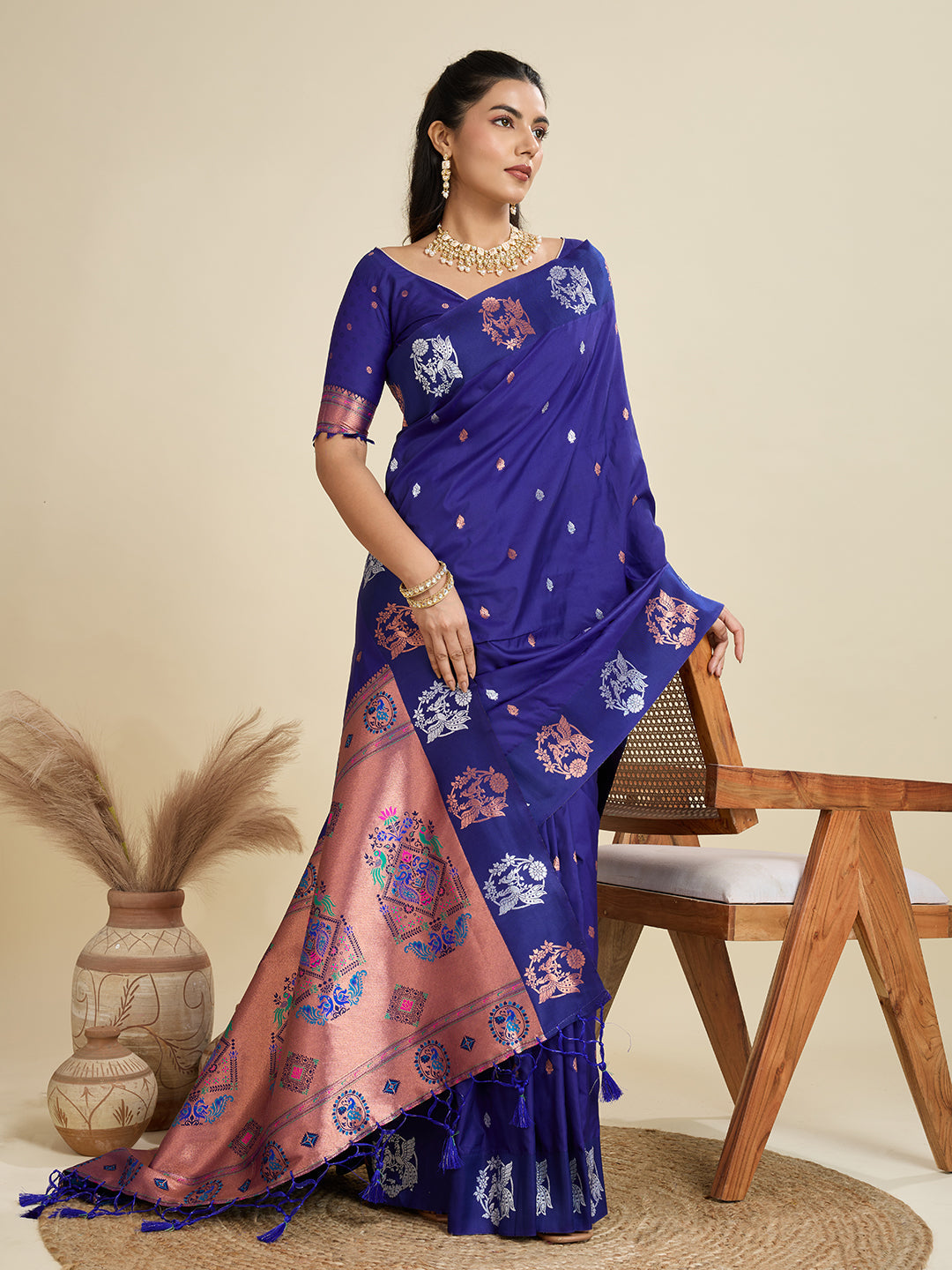 Jyoti Fashion Women's Blue Soft Kanjivaram Paithani Silk Zari Woven Designer Saree with Blouse | Swadesiicart