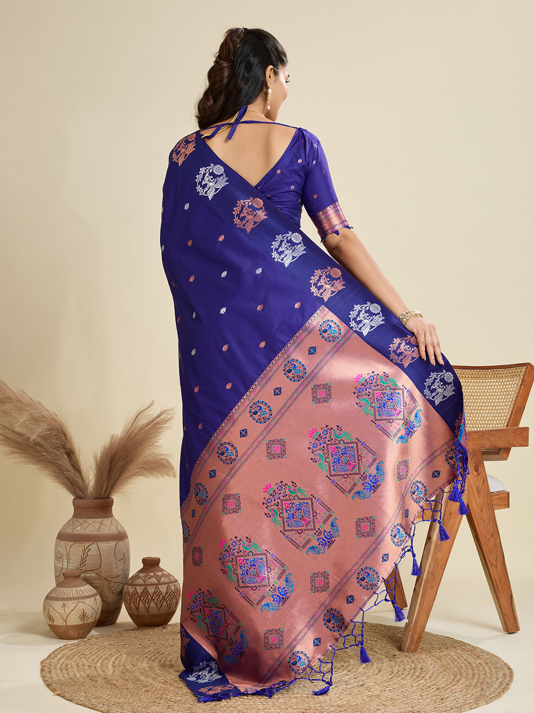Jyoti Fashion Women's Blue Soft Kanjivaram Paithani Silk Zari Woven Designer Saree with Blouse | Swadesiicart