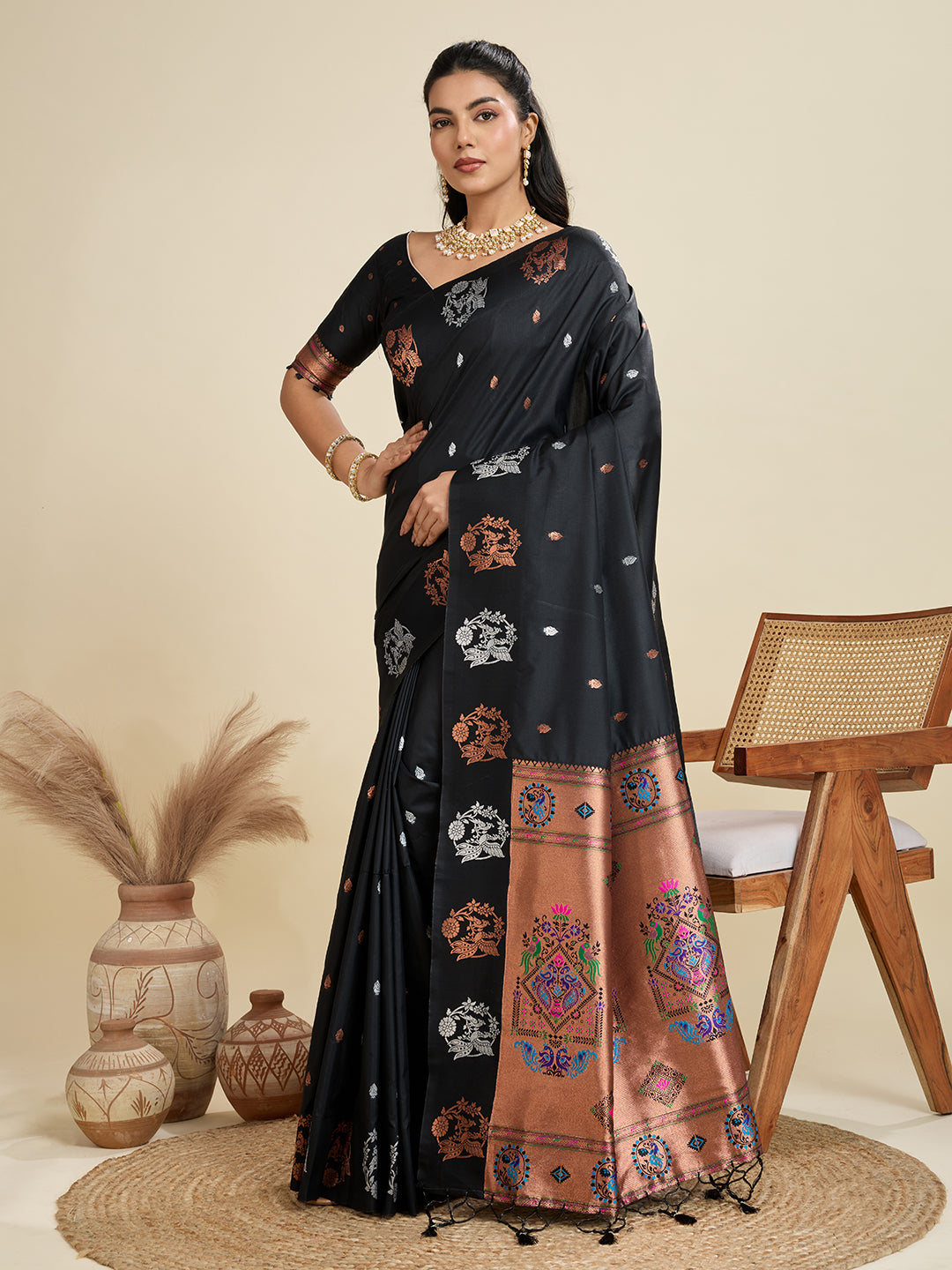 Jyoti Fashion Women's Black Soft Kanjivaram Paithani Silk Zari Woven Designer Saree with Blouse | Swadesiicart