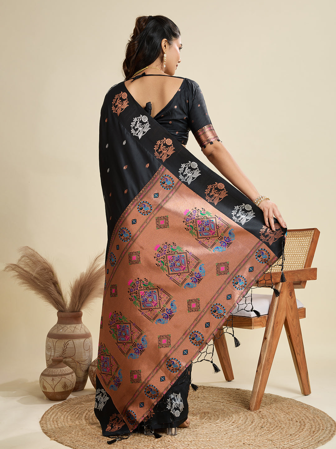 Jyoti Fashion Women's Black Soft Kanjivaram Paithani Silk Zari Woven Designer Saree with Blouse | Swadesiicart