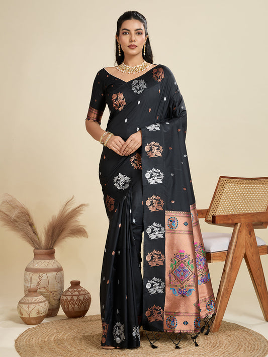 Jyoti Fashion Women's Black Soft Kanjivaram Paithani Silk Zari Woven Designer Saree with Blouse | Swadesiicart