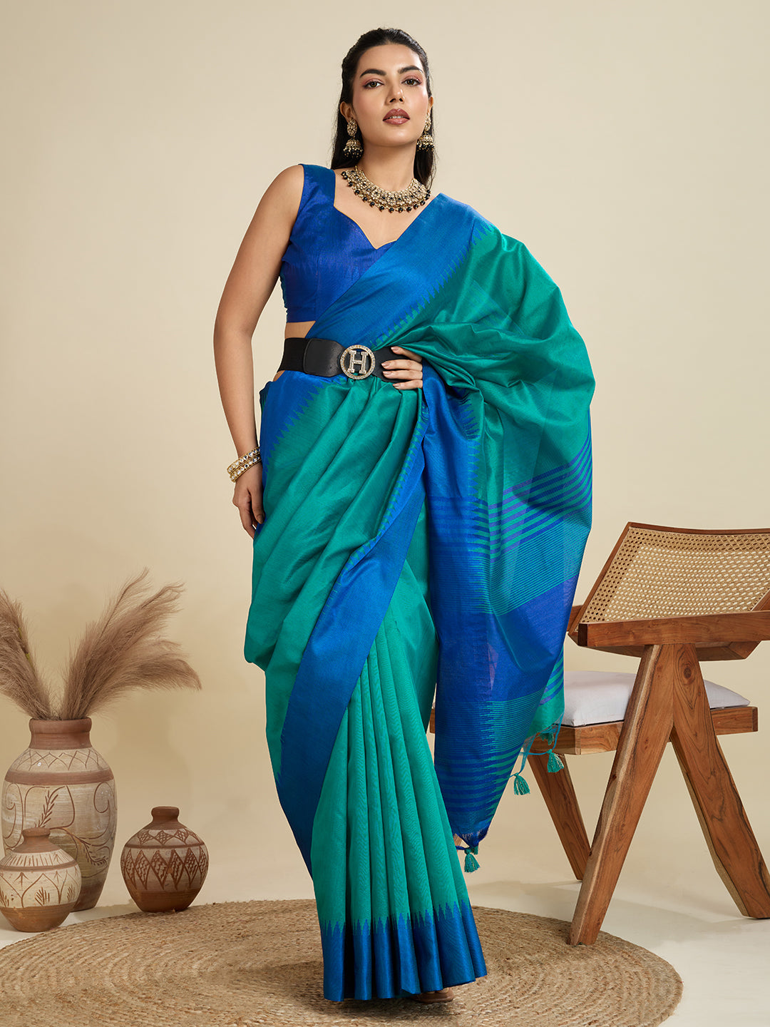 Jyoti Fashion Women's Rama Khadi Raw Silk Temple Woven Border Designer Saree with Blouse | Swadesiicart