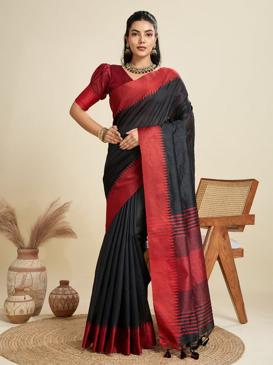 Jyoti Fashion Women's Black Khadi Raw Silk Temple Woven Border Designer Saree with Blouse | Swadesiicart