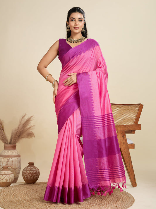 Jyoti Fashion Women's Pink Khadi Raw Silk Temple Woven Border Designer Saree with Blouse | Swadesiicart