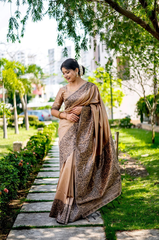 Jyoti Fashion Women's Cream Handloom Raw Silk Weaving Designer Saree with Blouse | Swadesiicart