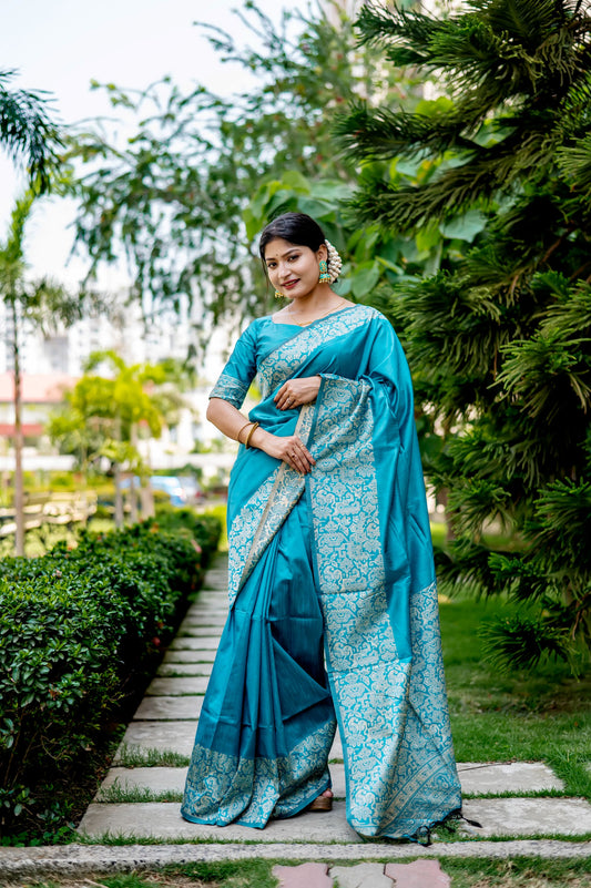 Jyoti Fashion Women's Sky Blue Handloom Raw Silk Weaving Designer Saree with Blouse | Swadesiicart