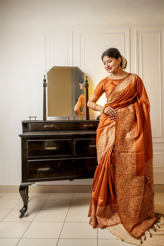 Jyoti Fashion Women's Orange Handloom Raw Silk Weaving Designer Saree with Blouse | Swadesiicart