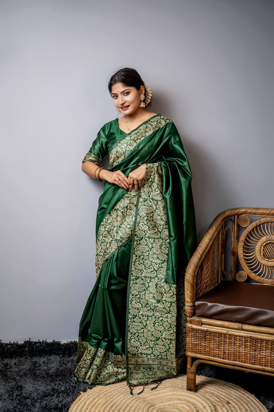 Jyoti Fashion Women's Bottle Green Handloom Raw Silk Weaving Designer Saree with Blouse | Swadesiicart