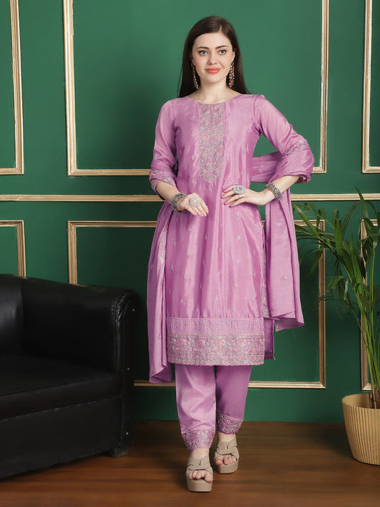 Jyoti Fashion Women's Pink Chinon Chiffon Floral Embroidery with Cording & Crystal Work Designer Straight Suit Set | Swadesiicart