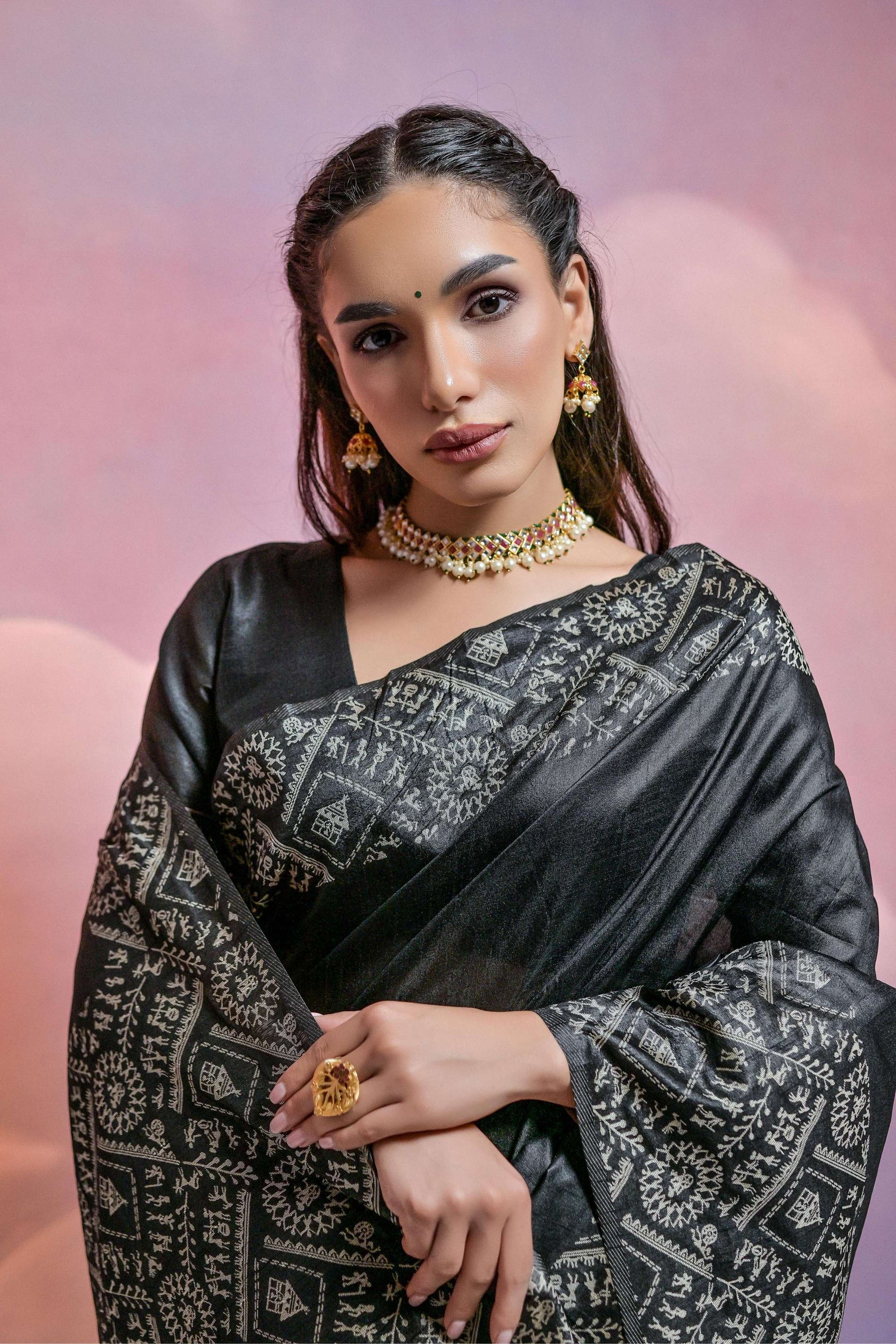 Jyoti Fashion Women's Black Handloom Raw Silk Weaving Designer Saree with Blouse | Swadesiicart