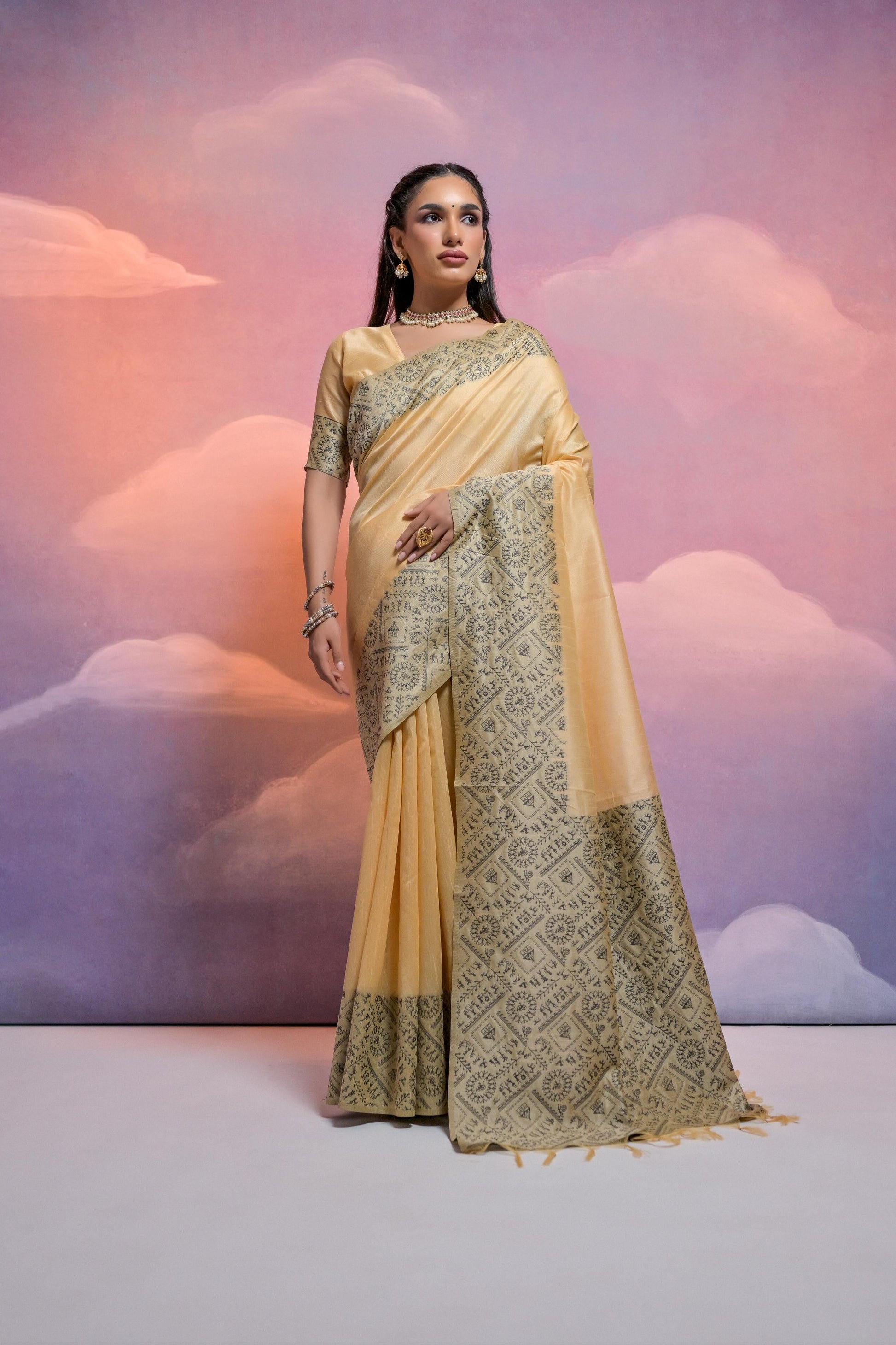 Jyoti Fashion Women's Cream Handloom Raw Silk Weaving Designer Saree with Blouse | Swadesiicart