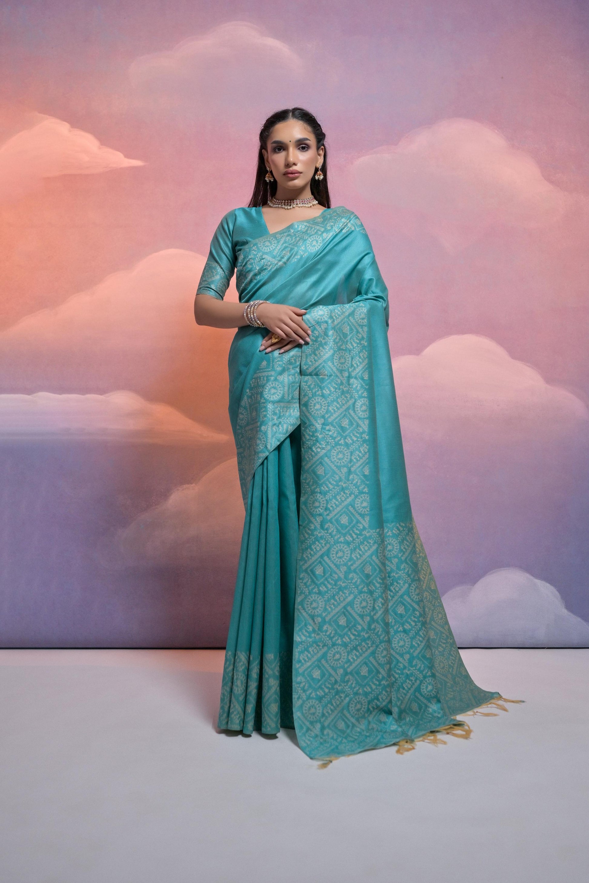 Jyoti Fashion Women's Firozi Handloom Raw Silk Weaving Designer Saree with Blouse | Swadesiicart