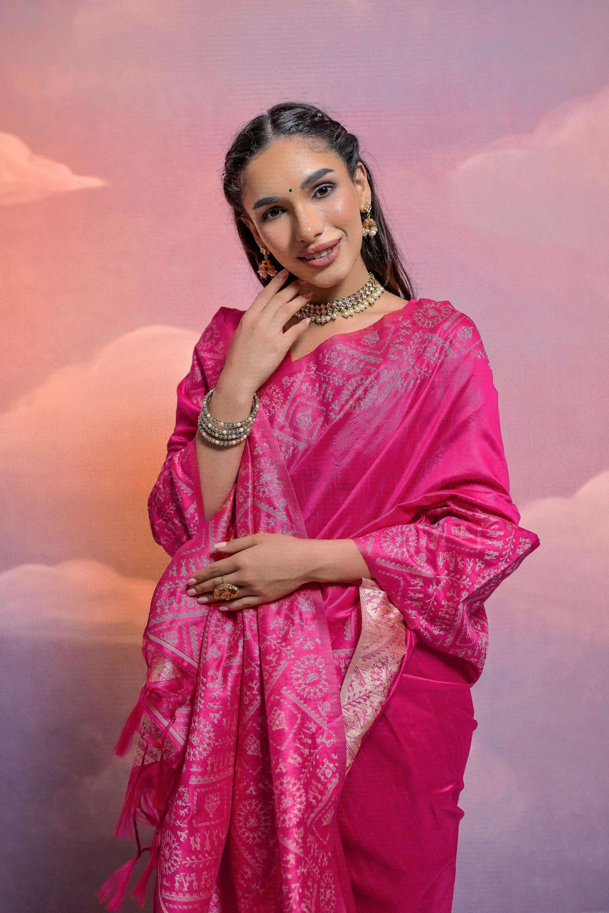 Jyoti Fashion Women's Rani Pink Handloom Raw Silk Weaving Designer Saree with Blouse | Swadesiicart