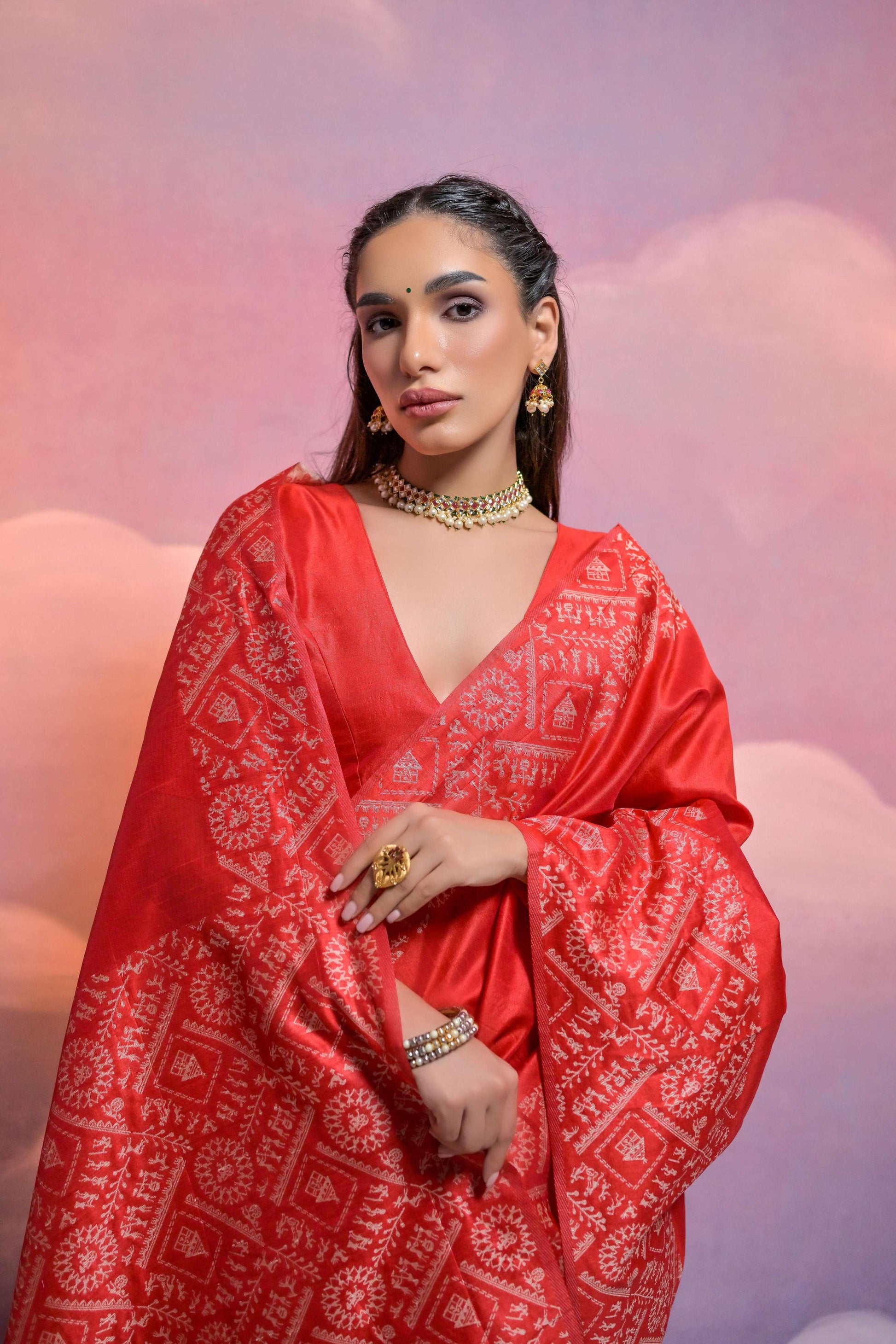 Jyoti Fashion Women's Red Handloom Raw Silk Weaving Designer Saree with Blouse | Swadesiicart