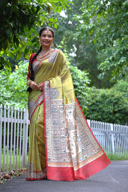 Jyoti Fashion Women's Green Soft Tussar Silk Printed Designer Saree with Blouse | Swadesiicart