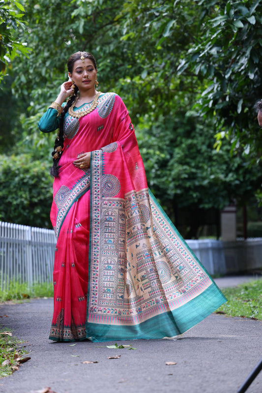 Jyoti Fashion Women's Pink Soft Tussar Silk Printed Designer Saree with Blouse | Swadesiicart