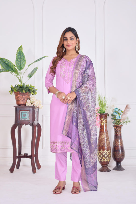 Jyoti Fashion Women's Lavender Cotton Embroidered Designer Kurta Set with Dupatta | Swadesiicart