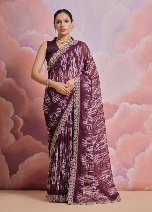 Jyoti Fashion Women's Wine Sequence with Zari Codding Georgette Saree with Blouse | Swadesiicart