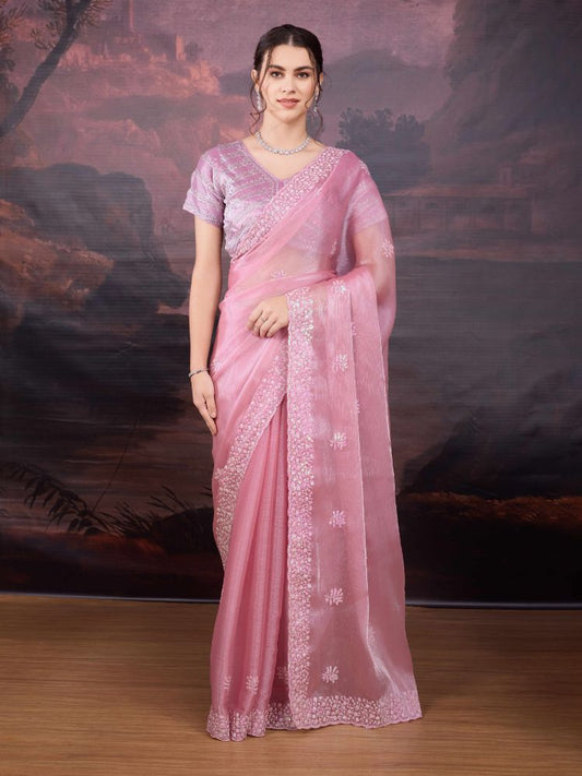 Jyoti Fashion Women's Baby Pink Jimmy Choo Sequins Embroidered Designer Saree with Blouse | Swadesiicart