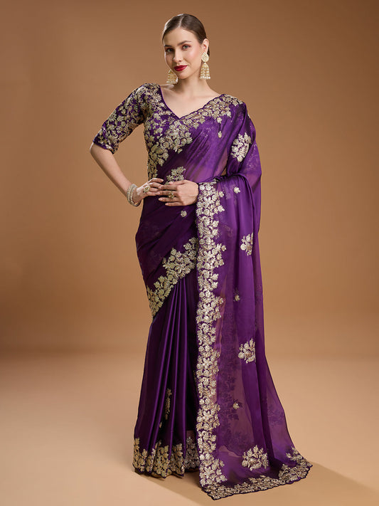 Jyoti Fashion Women's Purple Jimmy Choo Embroidered & Coding Designer Saree with Blouse | Swadesiicart