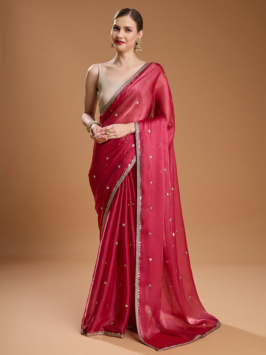 Jyoti Fashion Women's Gajri Red Jimmy Choo Sequins Embroidered Designer Saree with Blouse | Swadesiicart