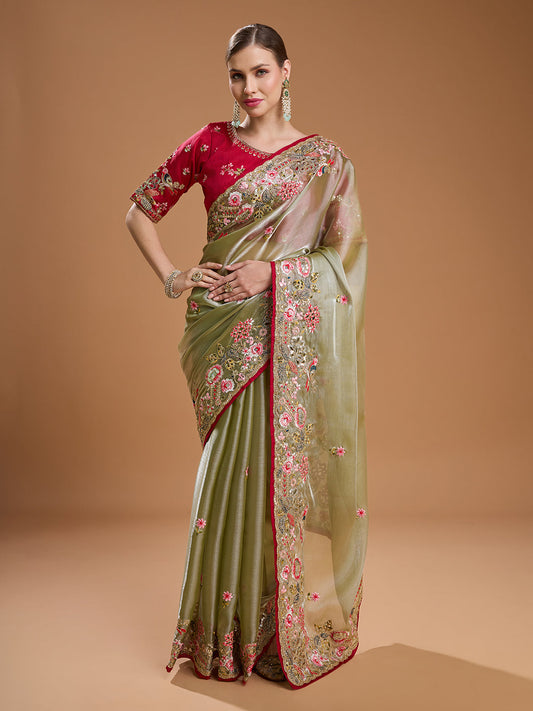 Jyoti Fashion Women's Sea Green Jimmy Choo Sequins Coding Embroidered Designer Saree with Blouse | Swadesiicart