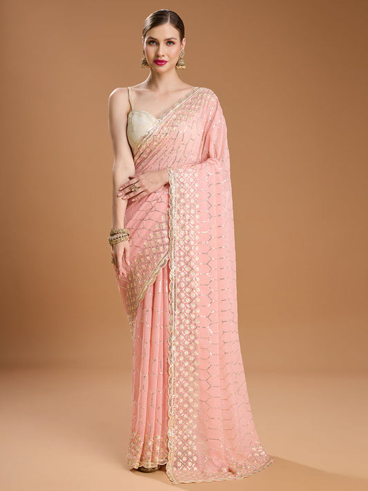 Jyoti Fashion Women's Peach Georgette Sequins Embroidered Designer Saree with Blouse | Swadesiicart