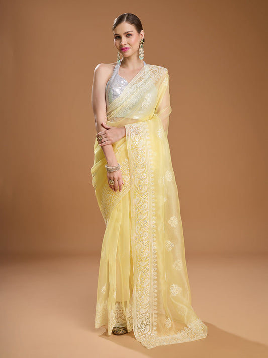 Jyoti Fashion Women's Yellow Net Sequins Embroidered Designer Saree with Blouse | Swadesiicart