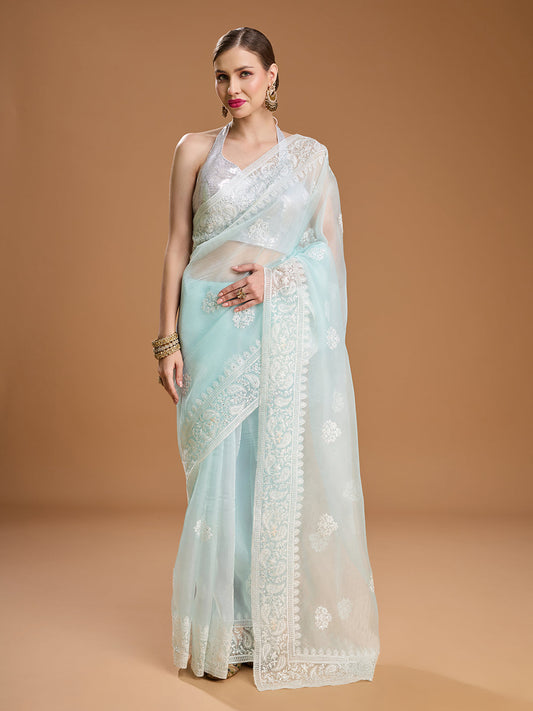 Jyoti Fashion Women's Sky Blue Net Sequins Embroidered Designer Saree with Blouse | Swadesiicart