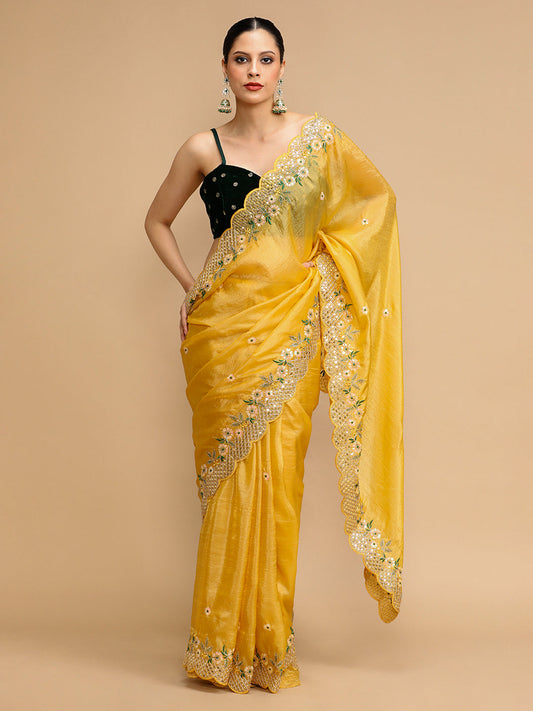 Jyoti Fashion Women's Yellow Art Silk Sequins Embroidered Designer Saree with Blouse | Swadesiicart