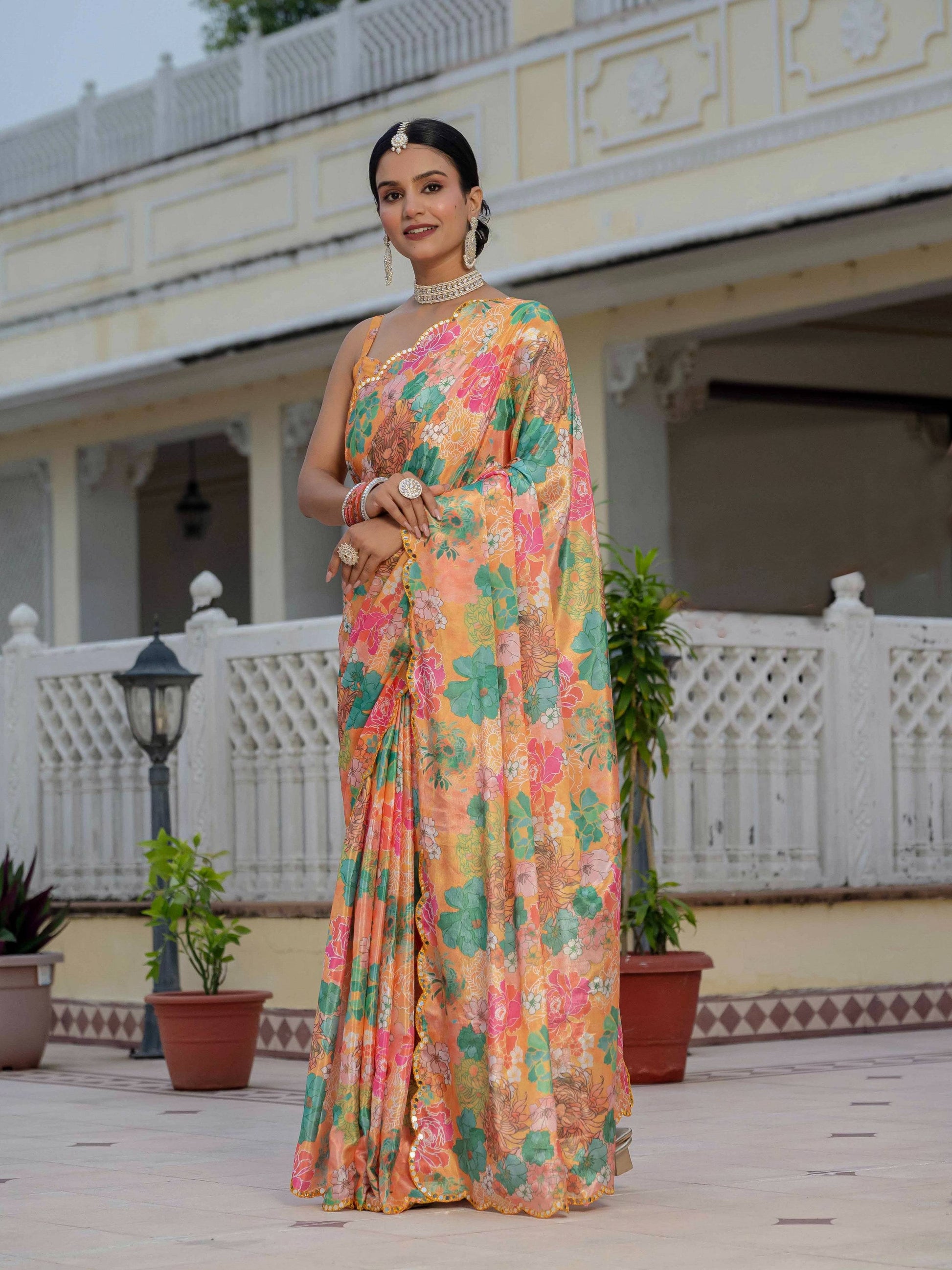 Jyoti Fashion Women's Multicolor Chinon Digital Print with Mirror Saree with Blouse | Swadesiicart