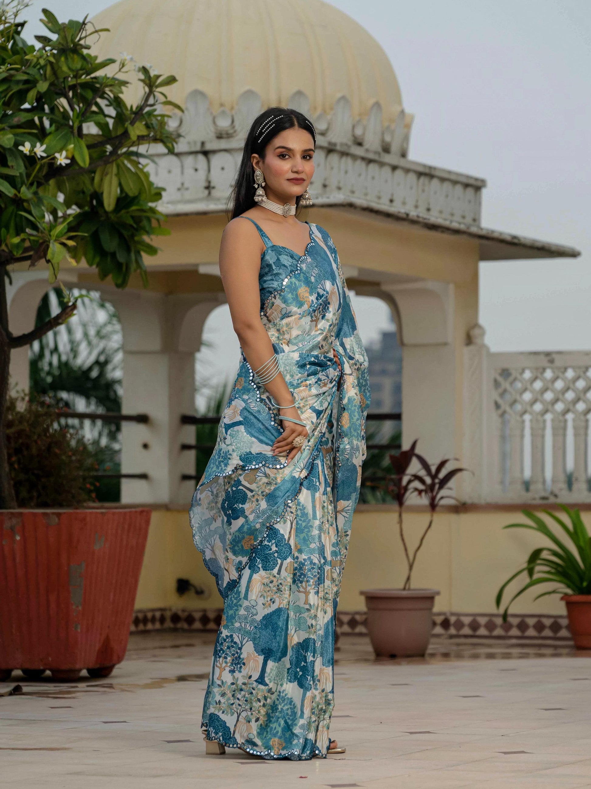 Jyoti Fashion Morpich Chinon Digital Print with Mirror Saree with Blouse | Swadesiicart