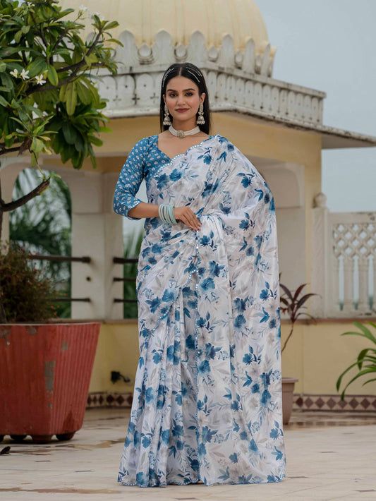 Jyoti Fashion Women's Blue Chinon Digital Print with Mirror Saree with Blouse | Swadesiicart