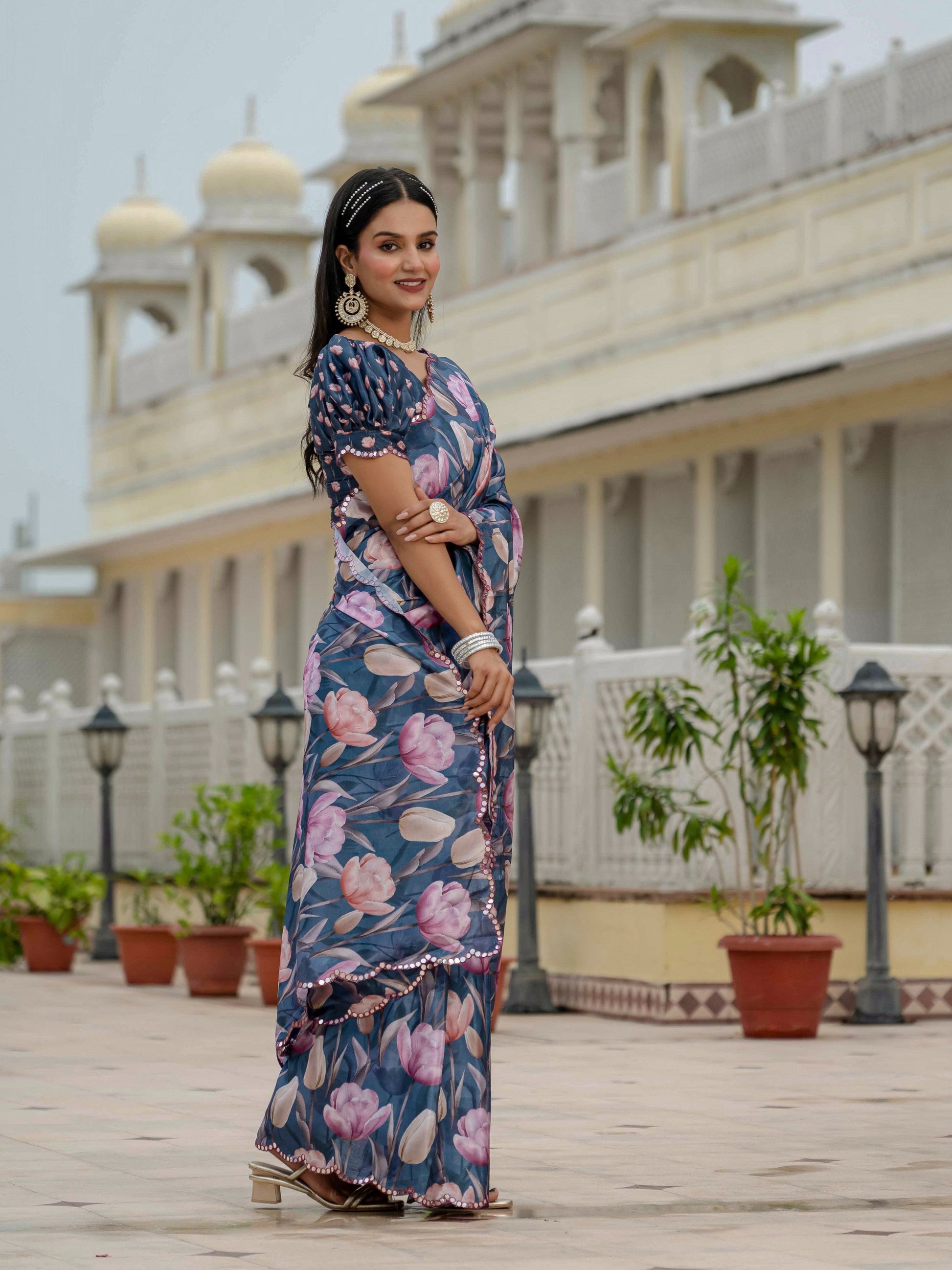 Jyoti Fashion Women's Navy Blue Chinon Digital Print with Mirror Saree with Blouse | Swadesiicart