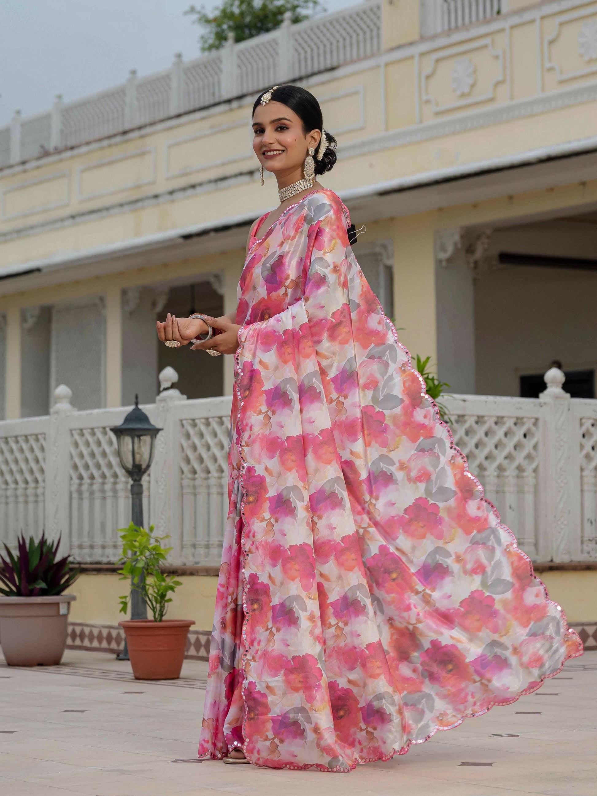 Jyoti Fashion Women's Pink Chinon Digital Print with Mirror Saree with Blouse | Swadesiicart