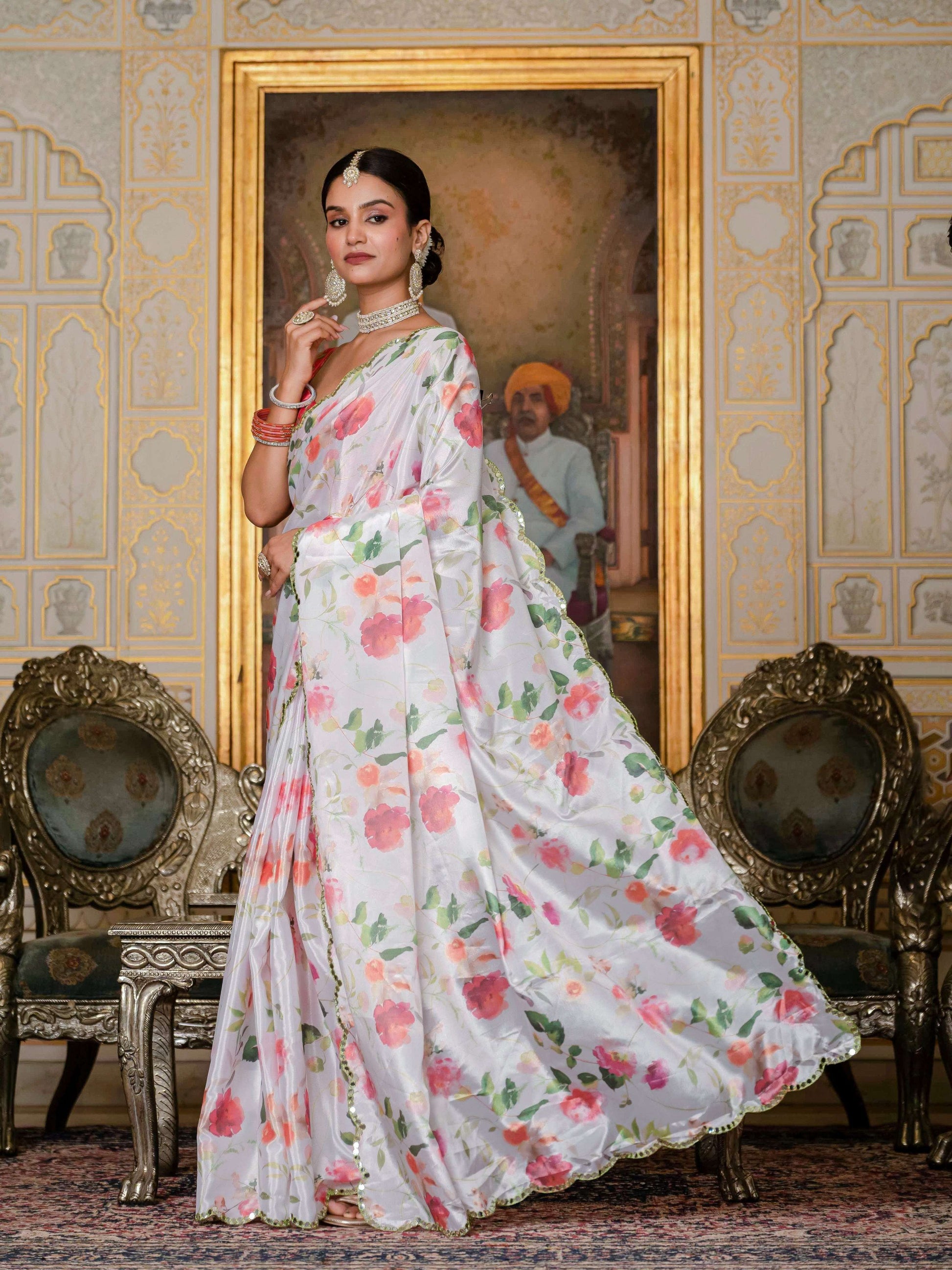 Jyoti Fashion Women's White Chinon Digital Print with Mirror Saree with Blouse | Swadesiicart