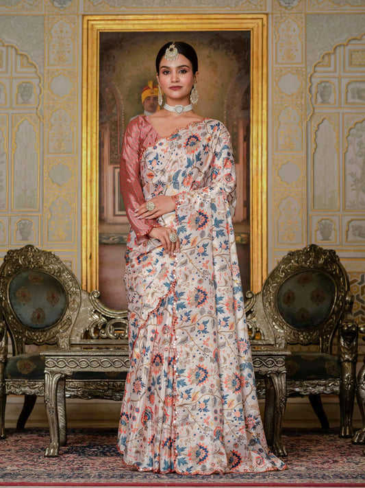 Jyoti Fashion Women's Multicolor Chinon Digital Print with Mirror Saree with Blouse | Swadesiicart