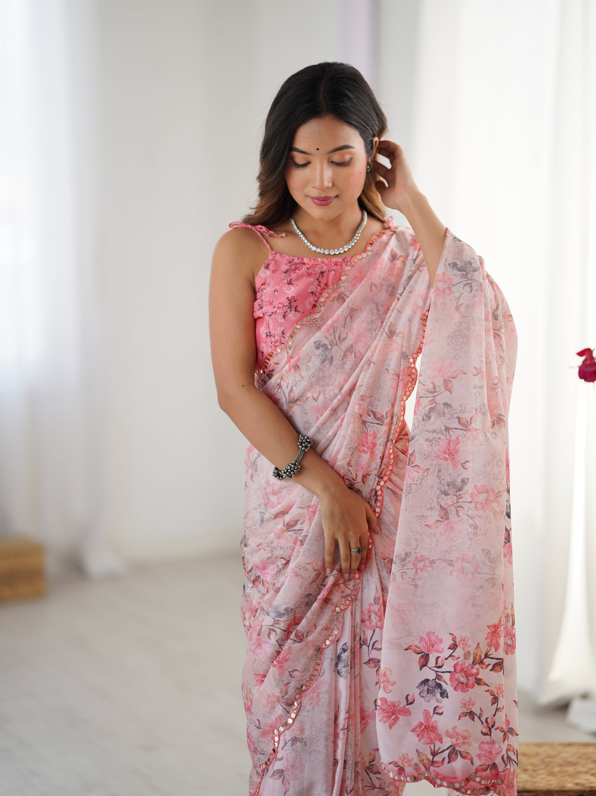 Jyoti Fashion Women's Pink Chinon Digital Printed Designer Grab2Buy with Blouse 