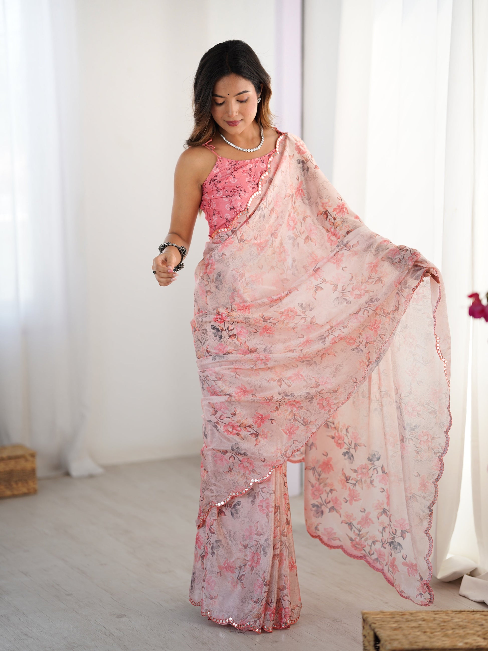 Jyoti Fashion Women's Pink Chinon Digital Printed Designer Grab2Buy with Blouse 
