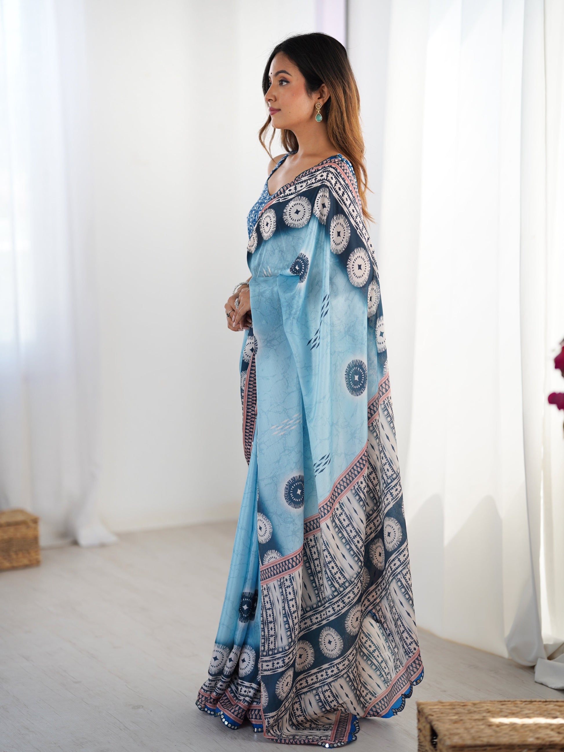 Jyoti Fashion Women's Sky Blue Chinon Digital Printed Designer Grab2Buy with Blouse 