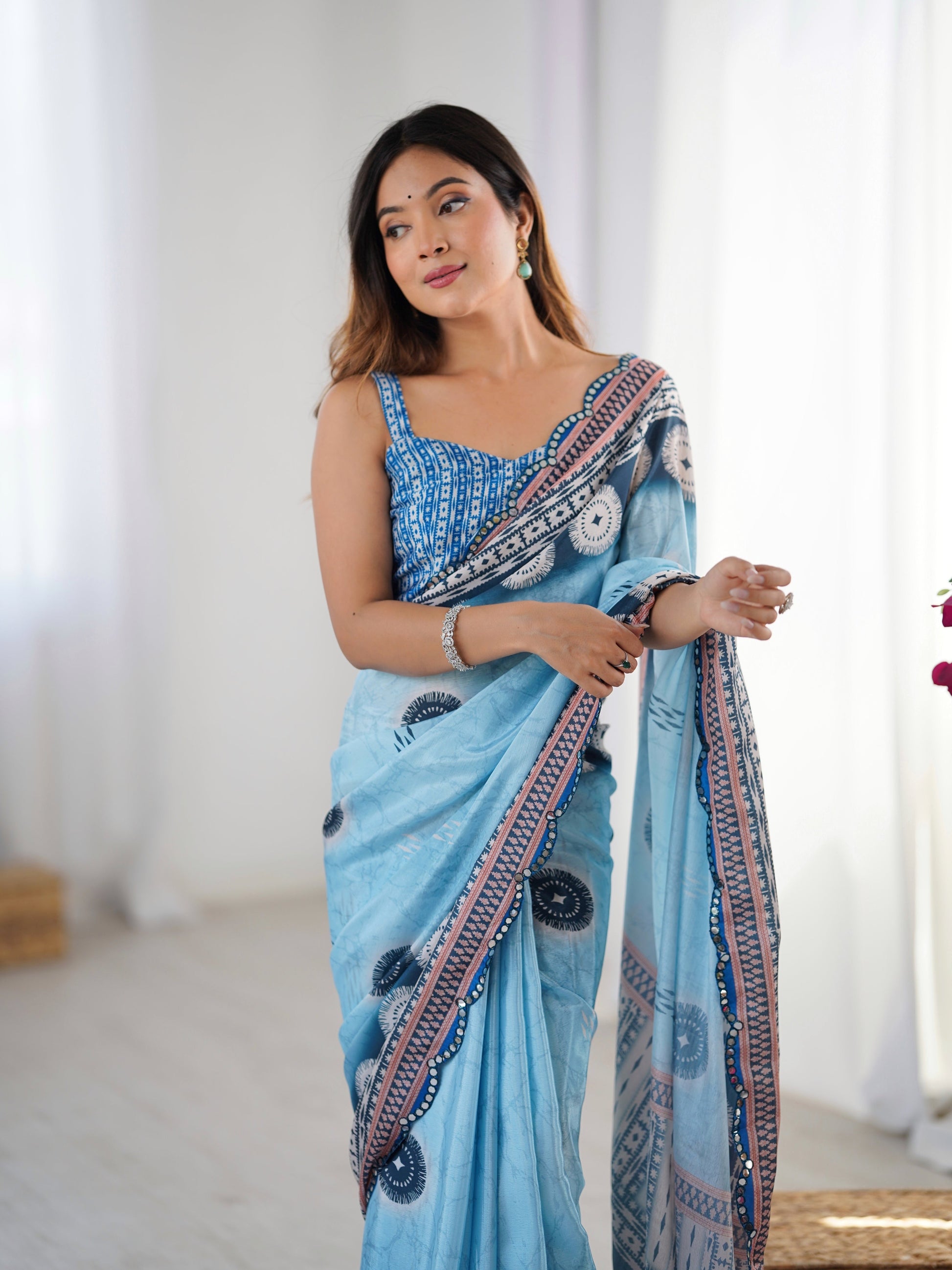 Jyoti Fashion Women's Sky Blue Chinon Digital Printed Designer Grab2Buy with Blouse 