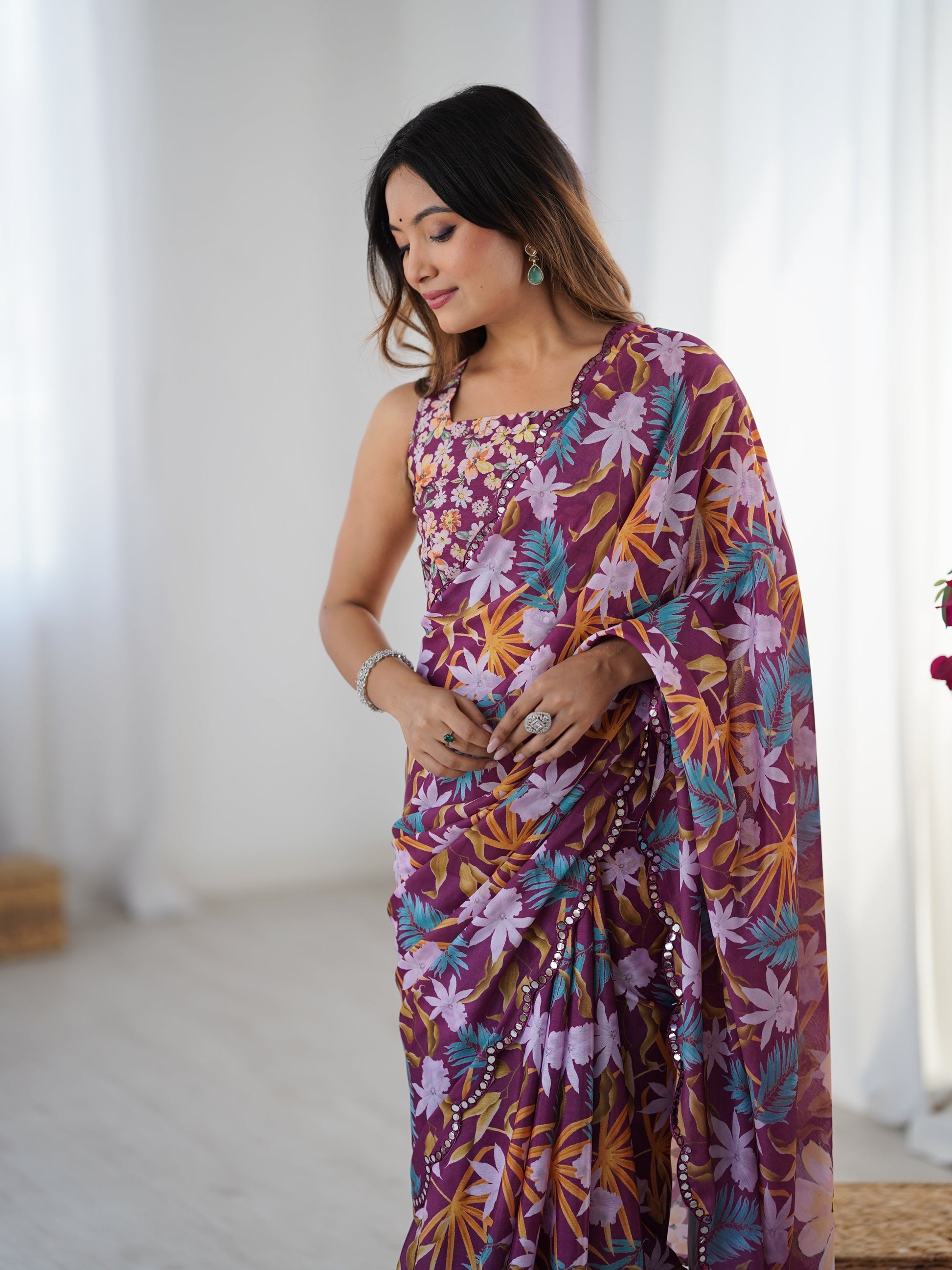 Jyoti Fashion Women's Multicolor Chinon Digital Printed Designer Grab2Buy with Blouse 