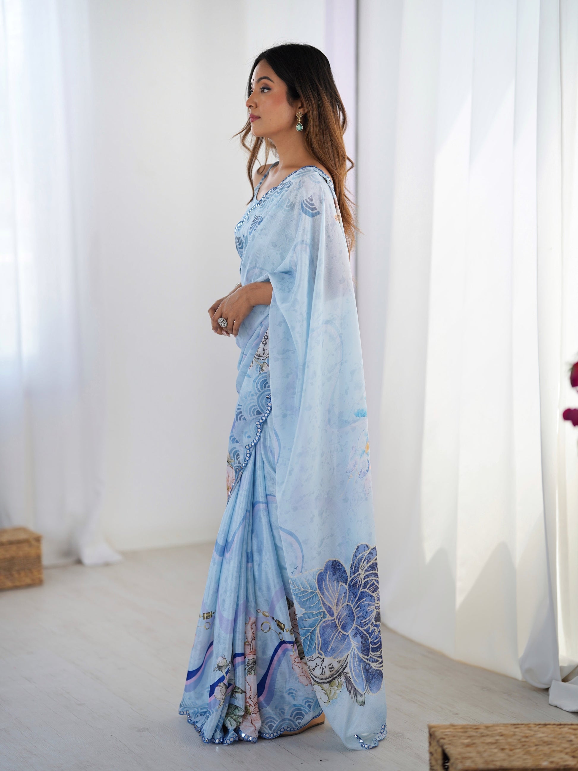 Jyoti Fashion Women's Sky Blue Chinon Digital Printed Designer Grab2Buy with Blouse 