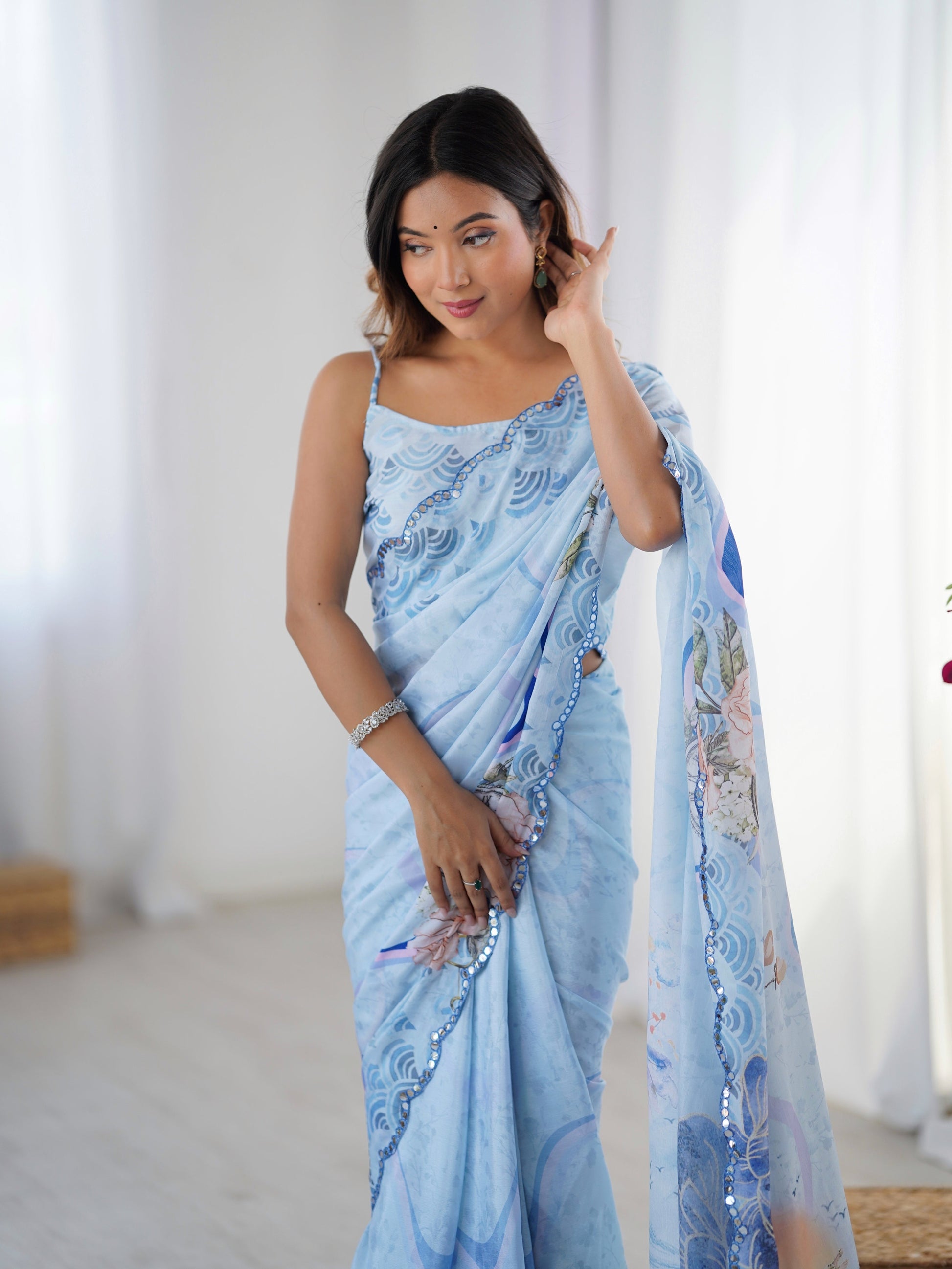 Jyoti Fashion Women's Sky Blue Chinon Digital Printed Designer Grab2Buy with Blouse 