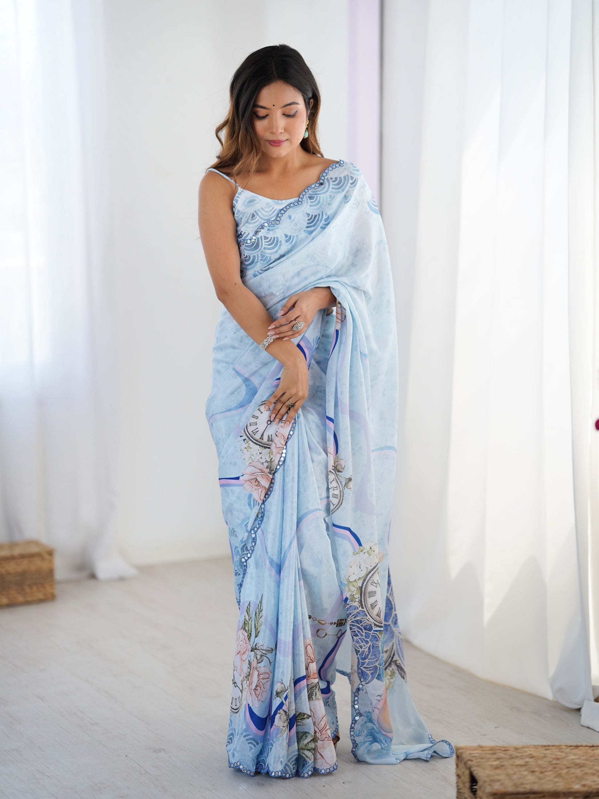 Jyoti Fashion Women's Sky Blue Chinon Digital Printed Designer Grab2Buy with Blouse 
