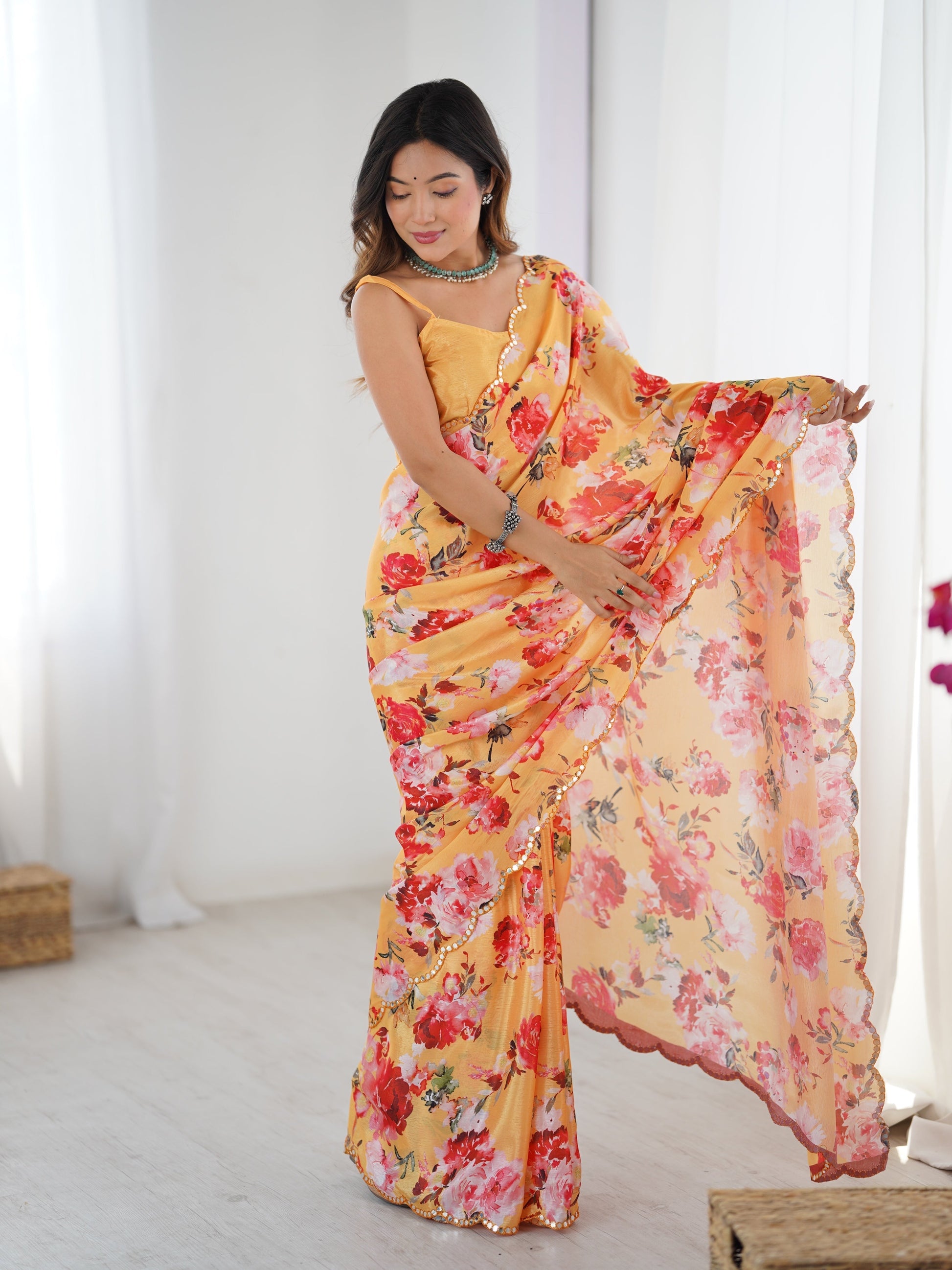 Jyoti Fashion Women's Yellow Chinon Digital Printed Designer Grab2Buy with Blouse 