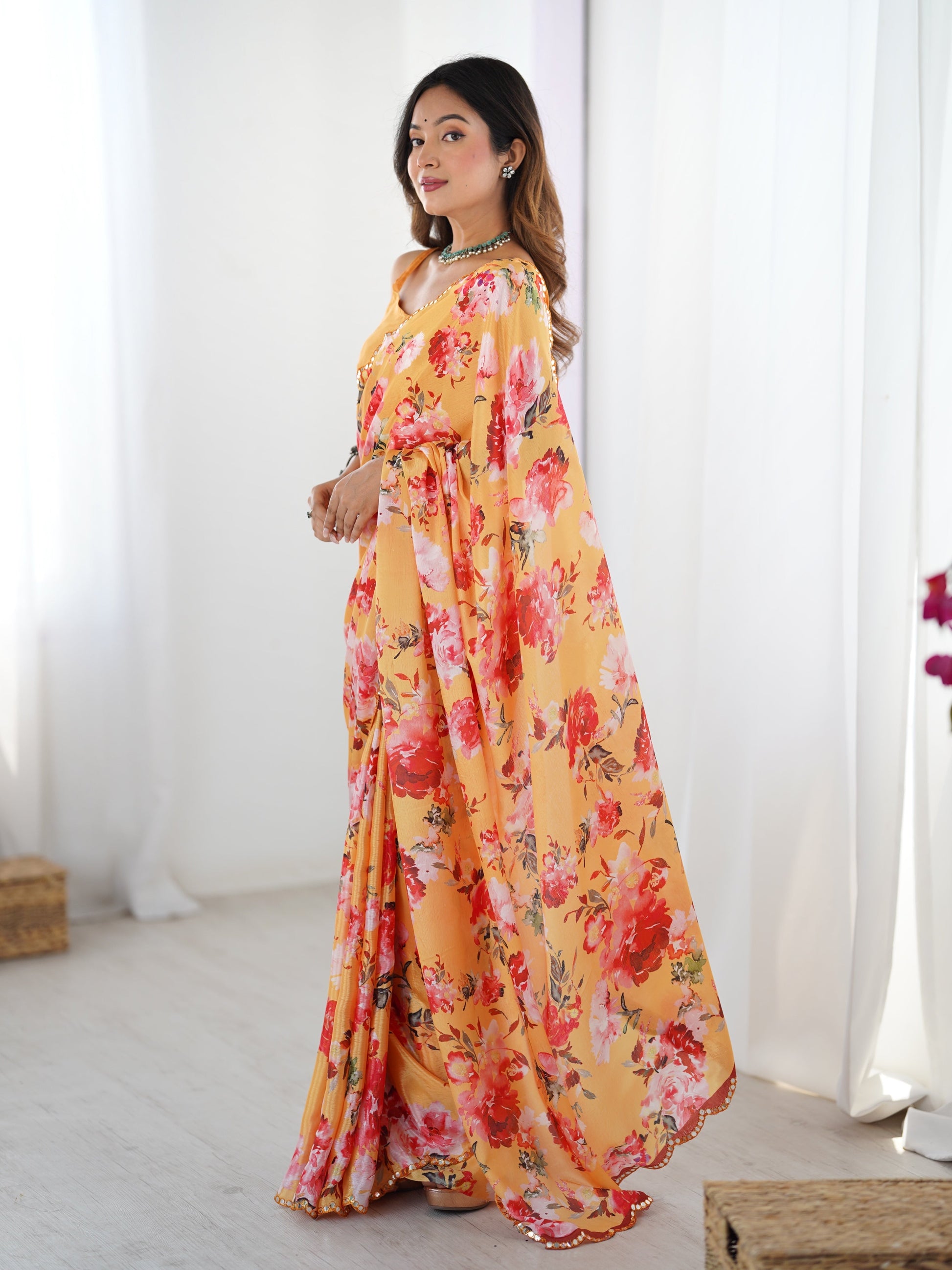 Jyoti Fashion Women's Yellow Chinon Digital Printed Designer Grab2Buy with Blouse 